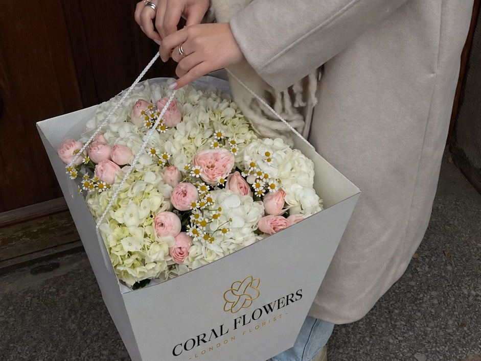 Coral Flowers bouquet of white hydrangea, pink spray roses and chamomile in a branded delivery box, London