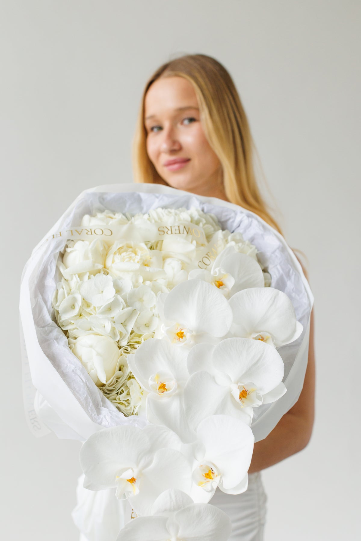 Carte Blanche white peony and orchid bouquet, another view